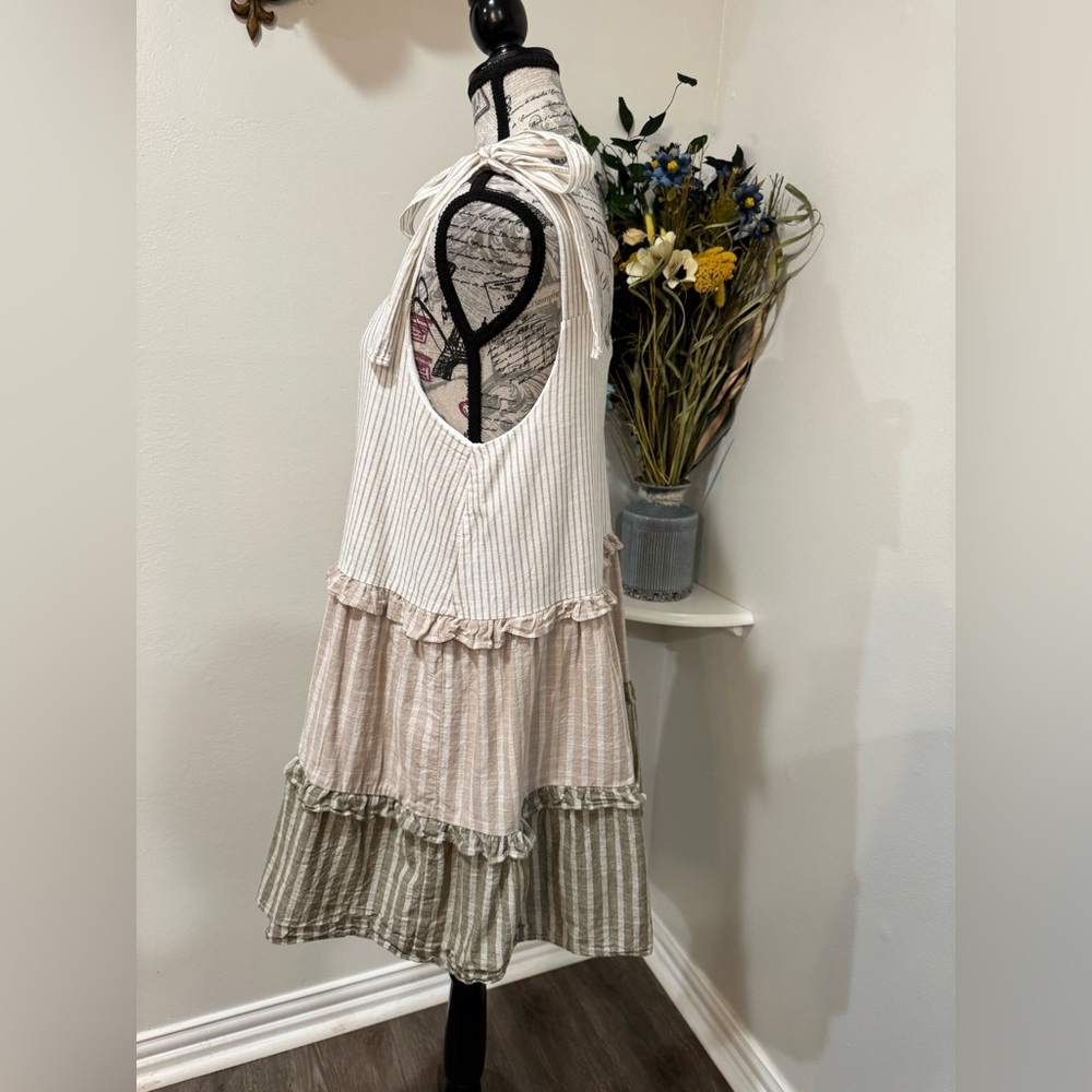 Mine CottageCore Boho Chic Striped Lined 100% Cotton Tunic Dress w/bow detail - Picture 4 of 9